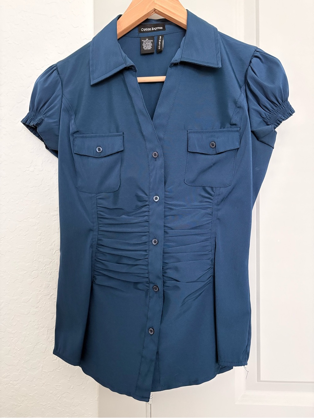 Cotton Express Teal-Blue Short Sleeve Button-Front Ruched Shirt